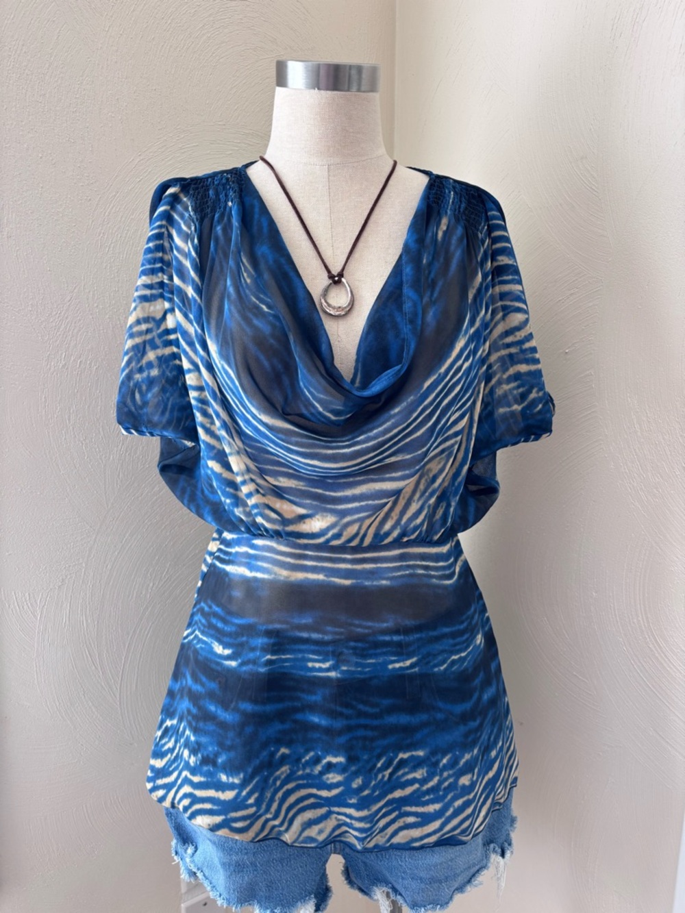 Zebra Printed Sheer Cowl-Neck Blouse with Short Sleeves